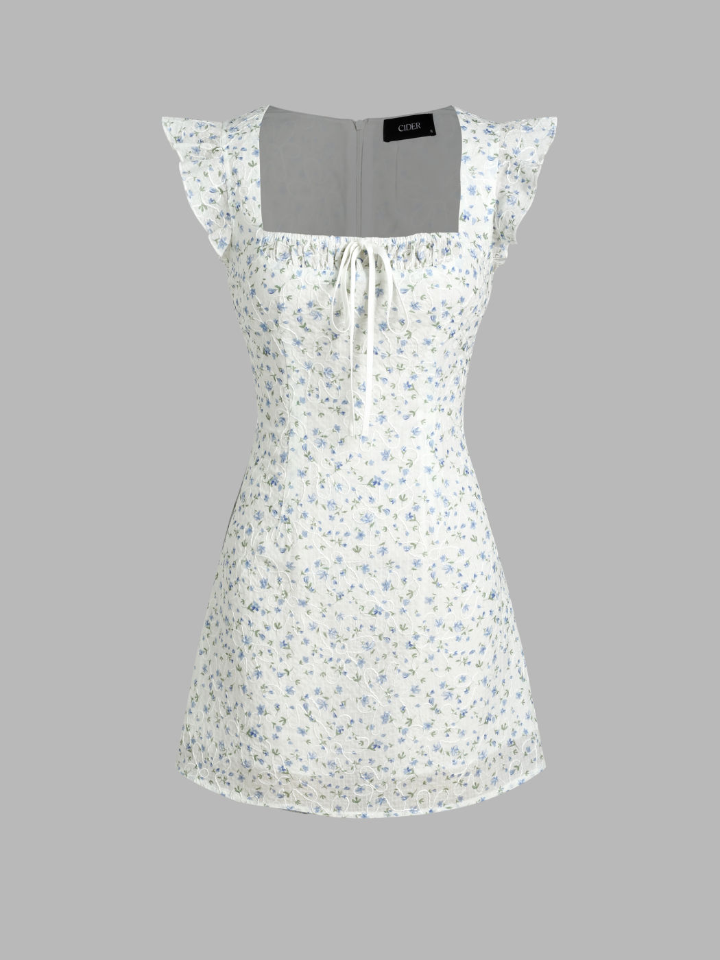 Four Leaf Clover Eyelet Textured Square Neck Drawstring Mini Dress