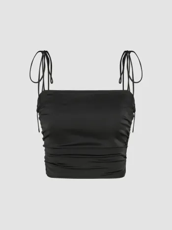 Satin Knotted Square Neck Crop Tank Top