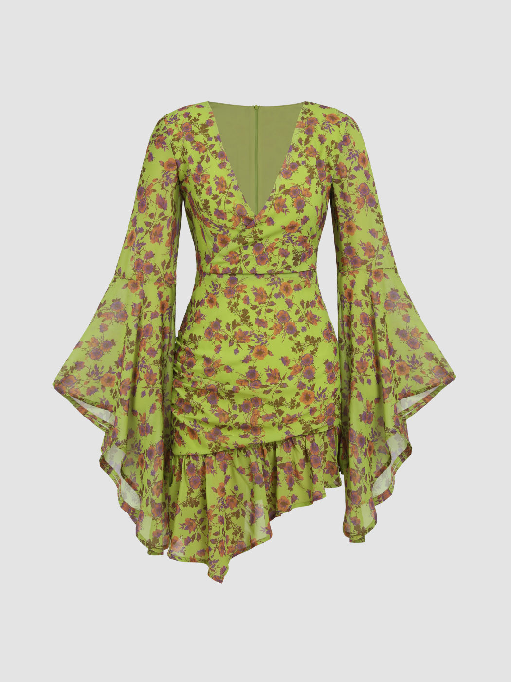 Rüschen-Minikleid mit Blumenmuster und V-Ausschnitt