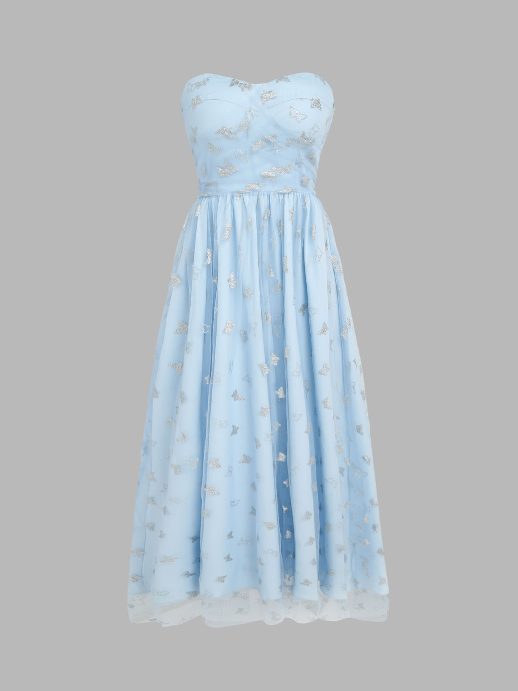 Mesh Butterfly Pattern Strapless Ruffle Maxi Dress