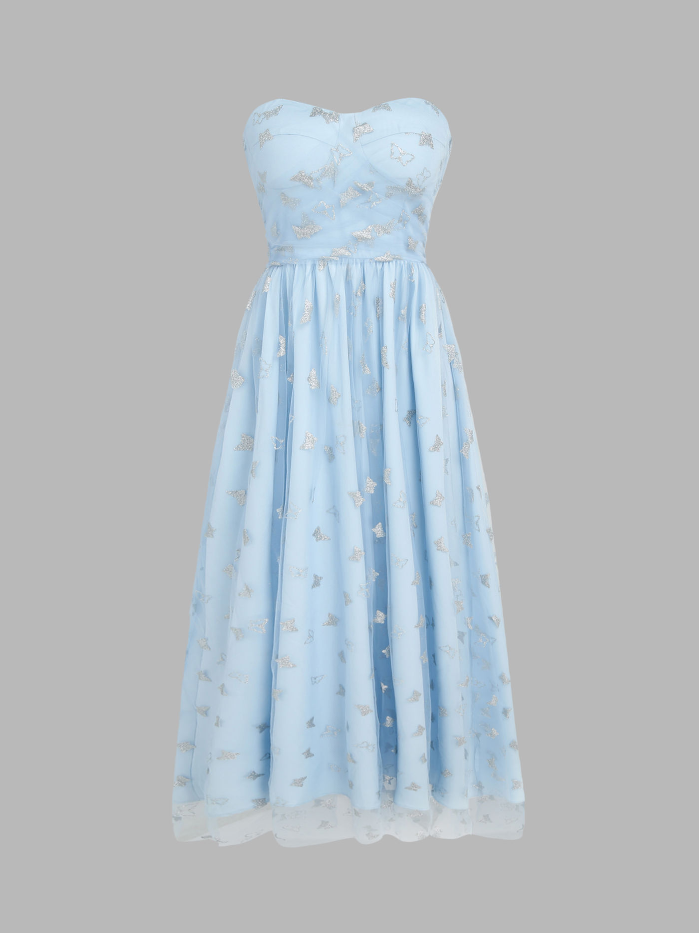 Mesh Butterfly Pattern Strapless Ruffle Maxi Dress