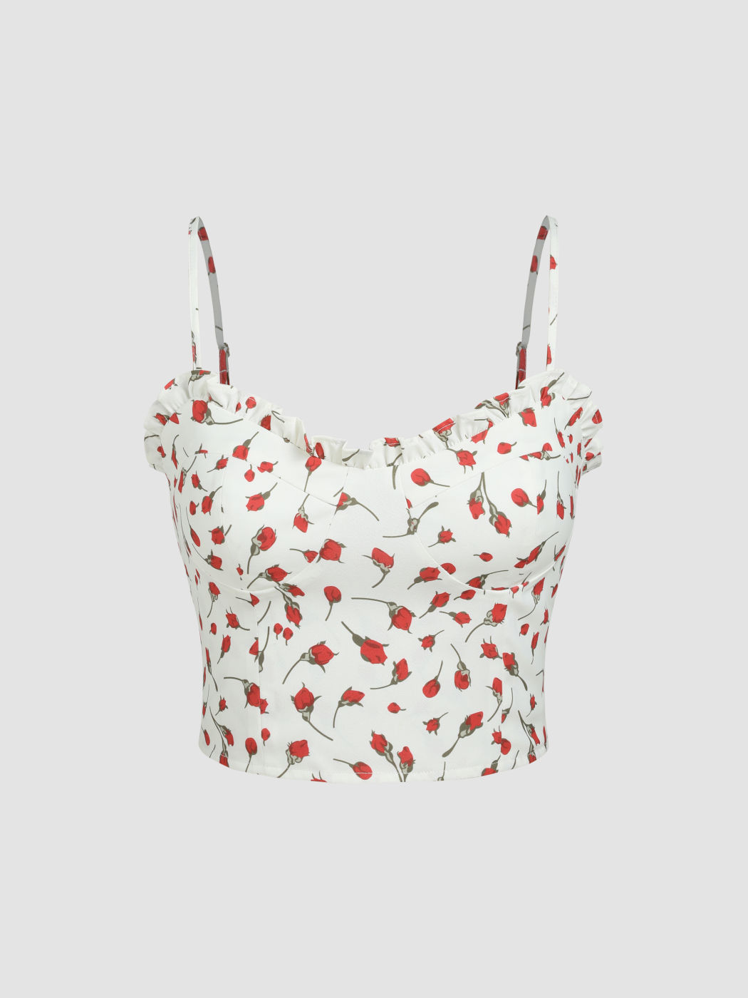 Coquette Woven Floral Print Ruffle Trim Corset Cami Crop Top For Picnic ...