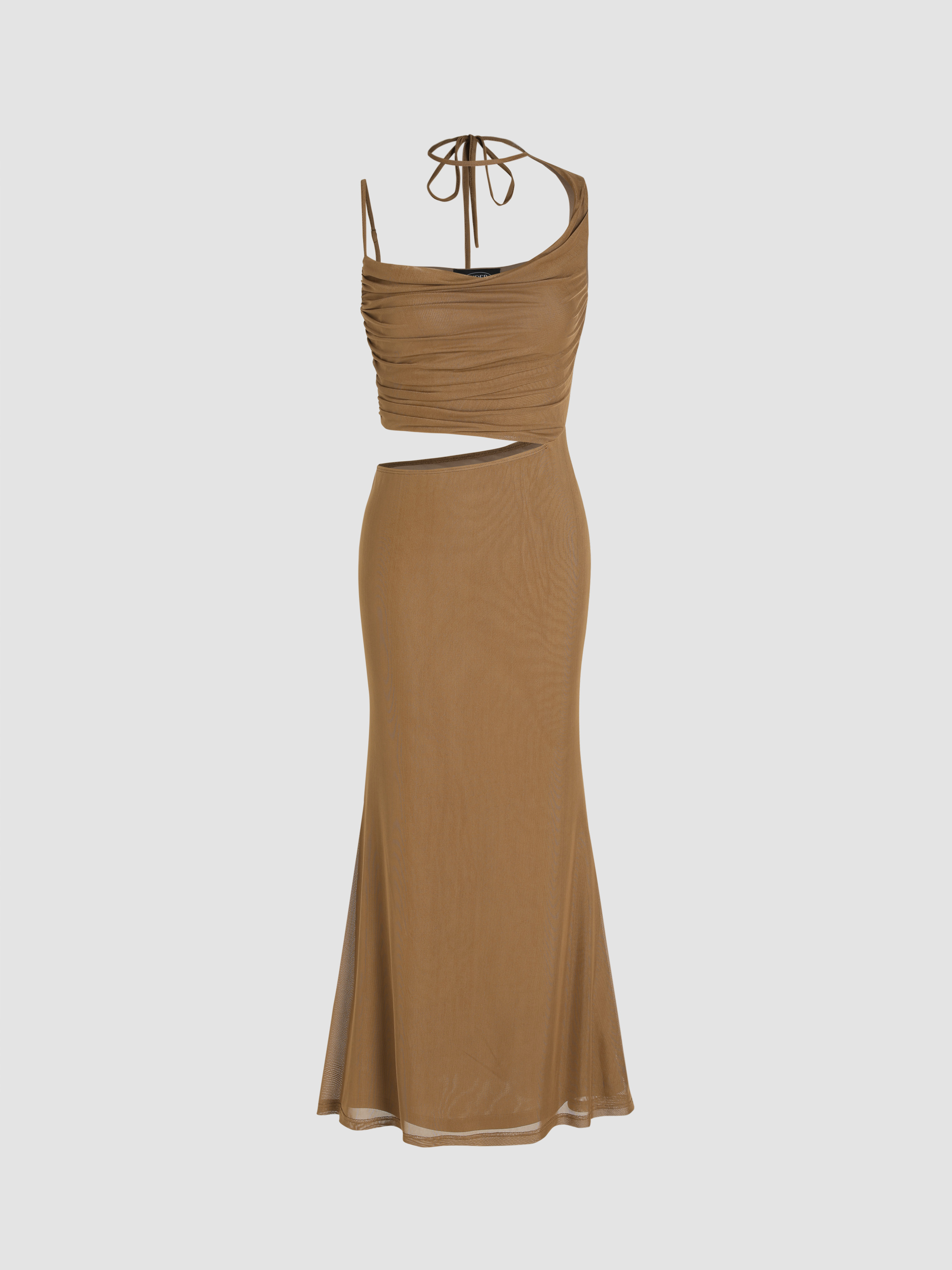 Mesh Asymmetrical Neck Ruched Cut Out Maxi Dress For Date