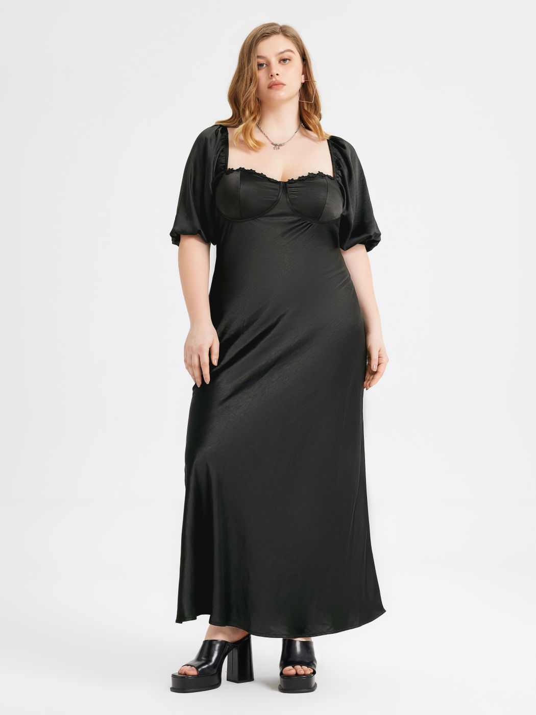  Satin Quadratischer Ausschnitt Puffärmel Maxikleid Kurve & Plus