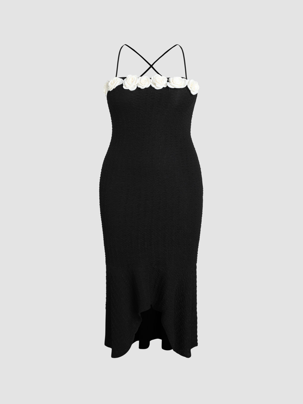 Maxikleid mit asymmetrischem Saum und 3D-Blumenmuster Kurve & Plus