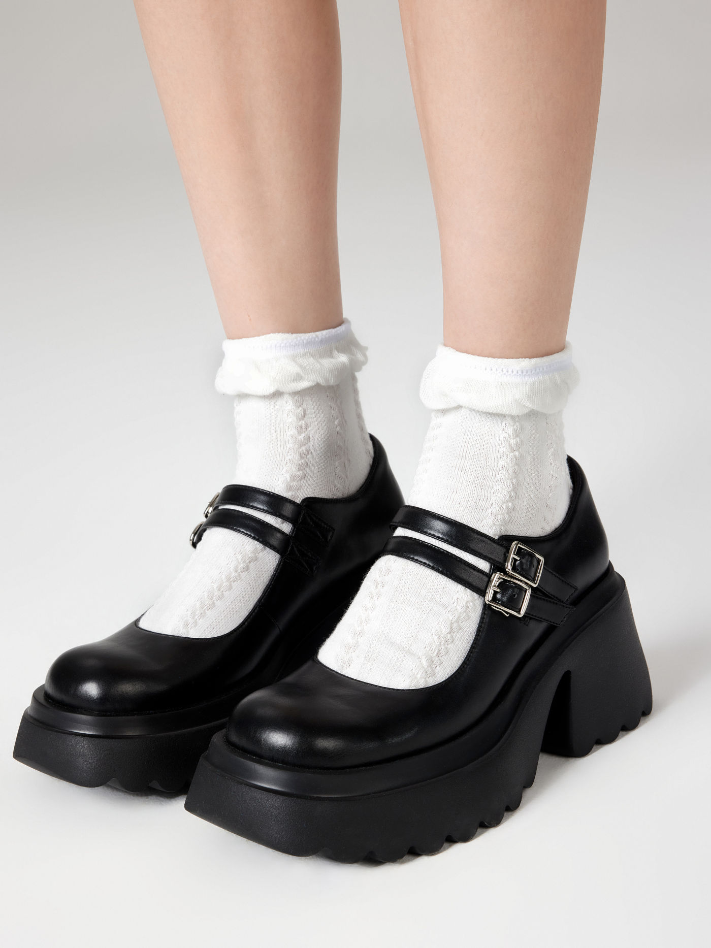 Chunky Heeled Double Strap Mary Jane Shoes