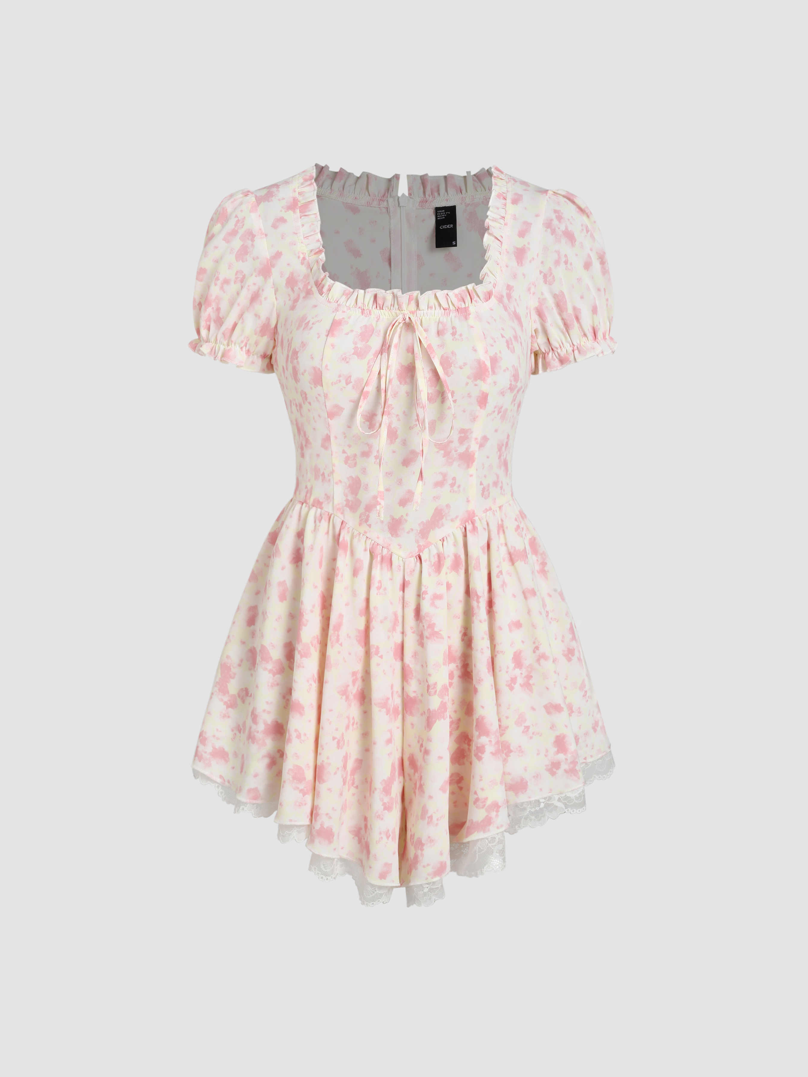 Floral Square Neck Knotted Ruffle Romper For Daily Casual Date