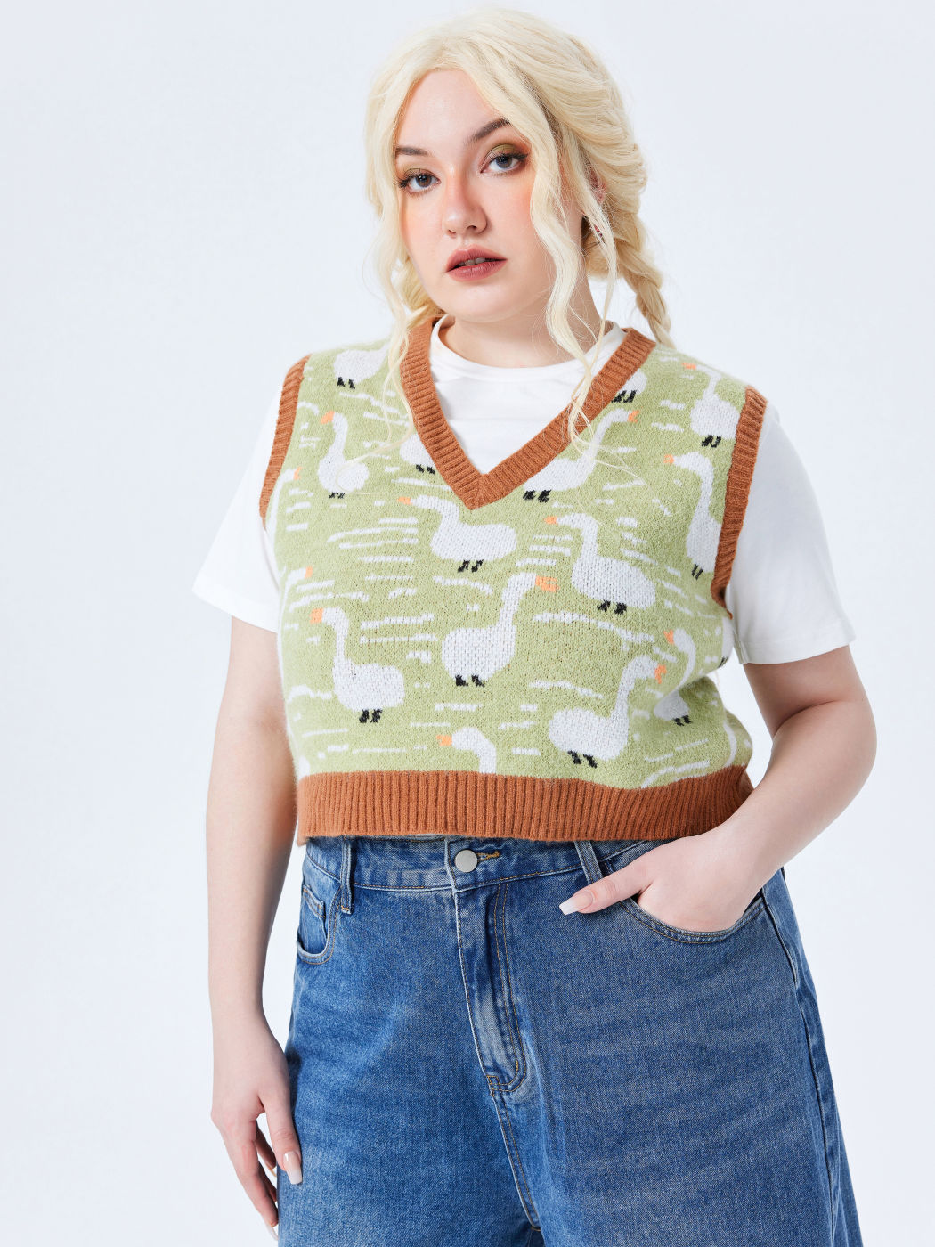 Curve & Plus Duck Pattern Contrasting Sweater Vest For School Outdoor