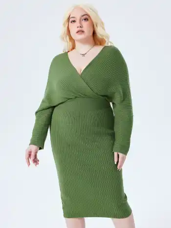 Einfarbiges Strick-Midikleid mit V-Ausschnitt Kurve & Plus