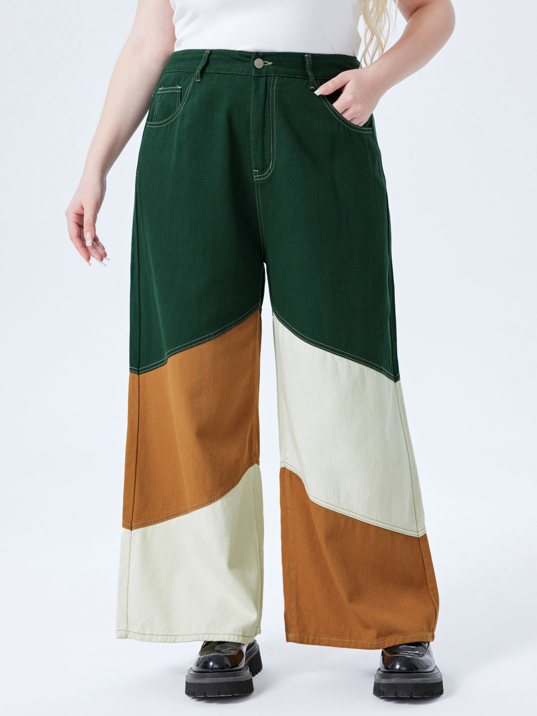 Denim Patchy Pocket Wide Leg Hosen Kurve & Plus