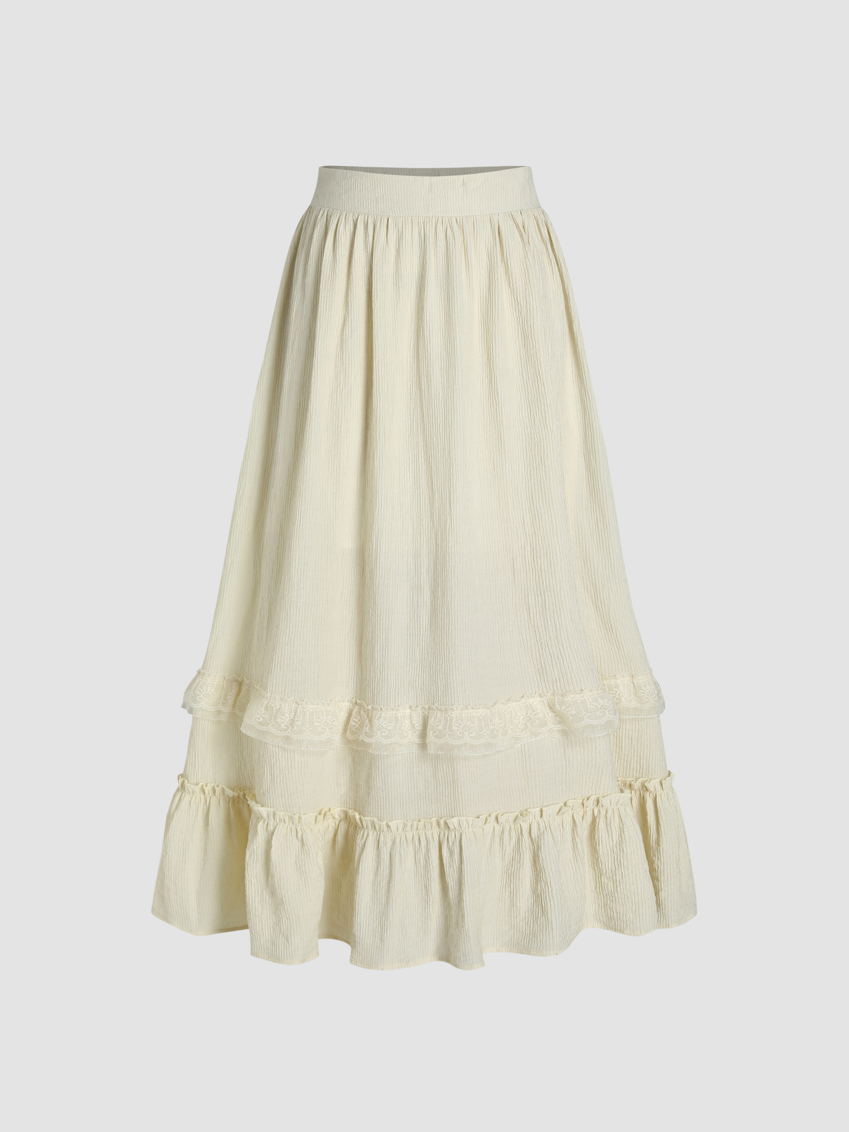 Solid Ruffle Lace Trim Tiered Maxi Skirt