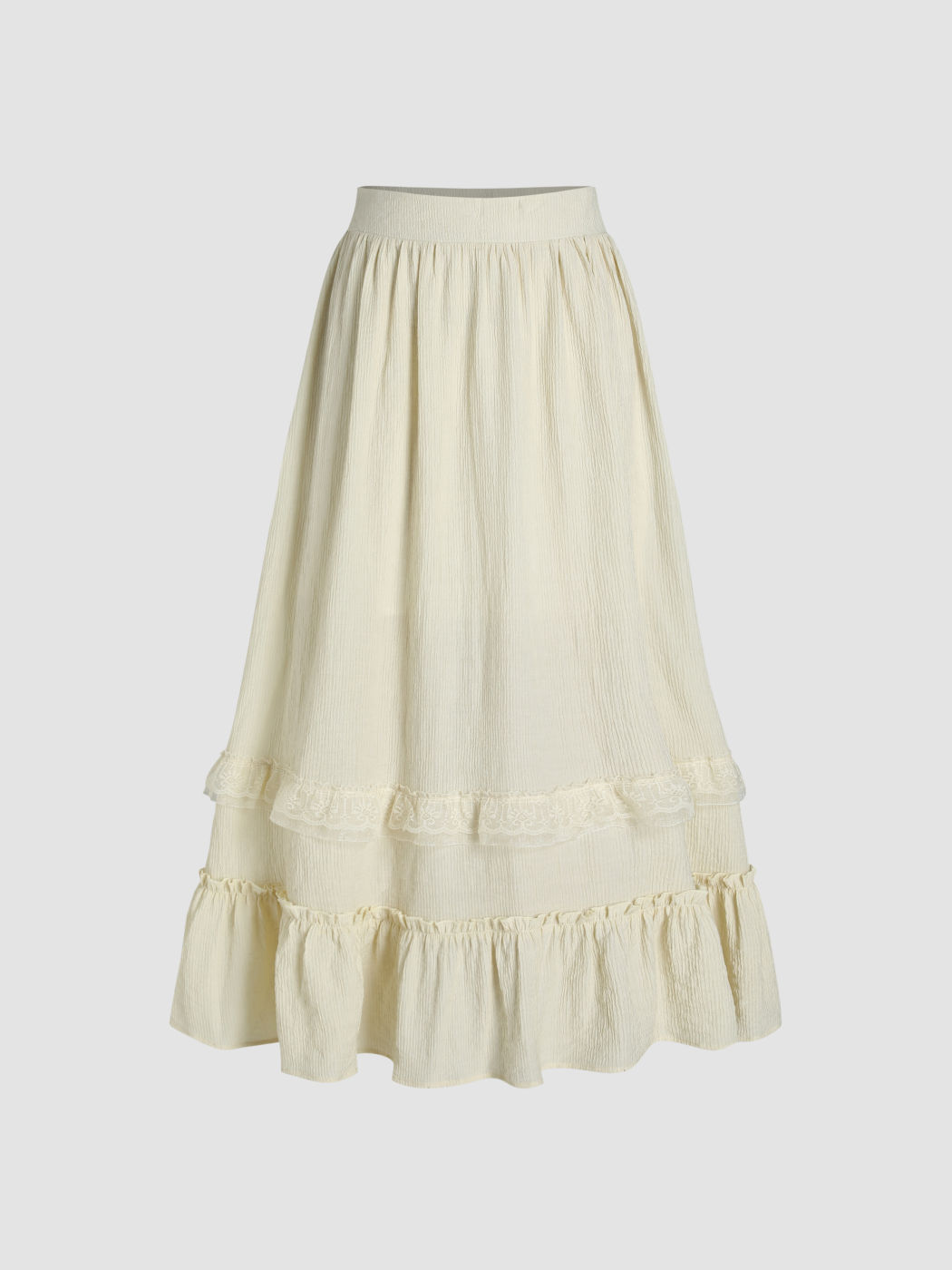 Solid Ruffle Lace Trim Tiered Maxi Skirt - Cider