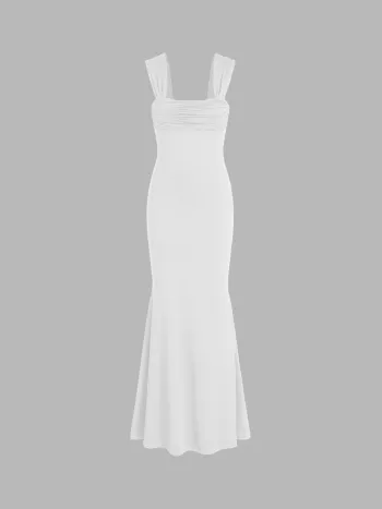 Einfarbiges geriffeltes Maxikleid mit U-Halsrand und Spitzen