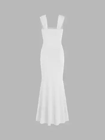 Einfarbiges geriffeltes Maxikleid mit U-Halsrand und Spitzen