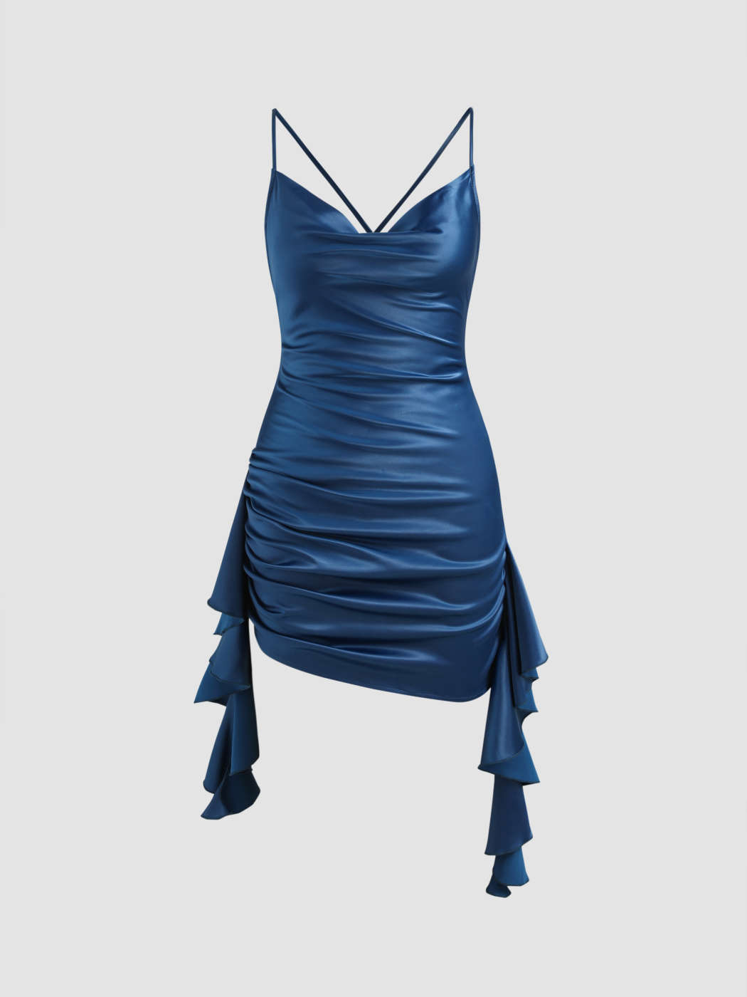Blue Mini Silk Dress, Ruffle Wrap Dress, Blue Satin Dress With