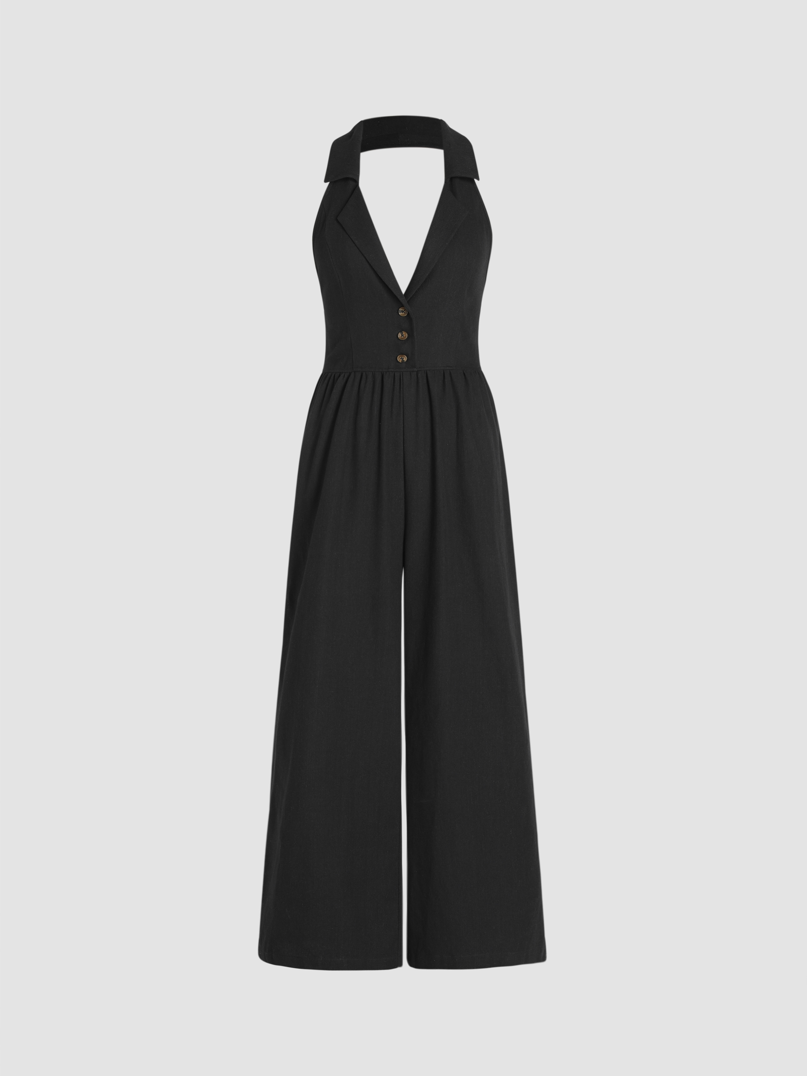 V-neck Button Up Wide Leg Jumpsuit For Daily Casual