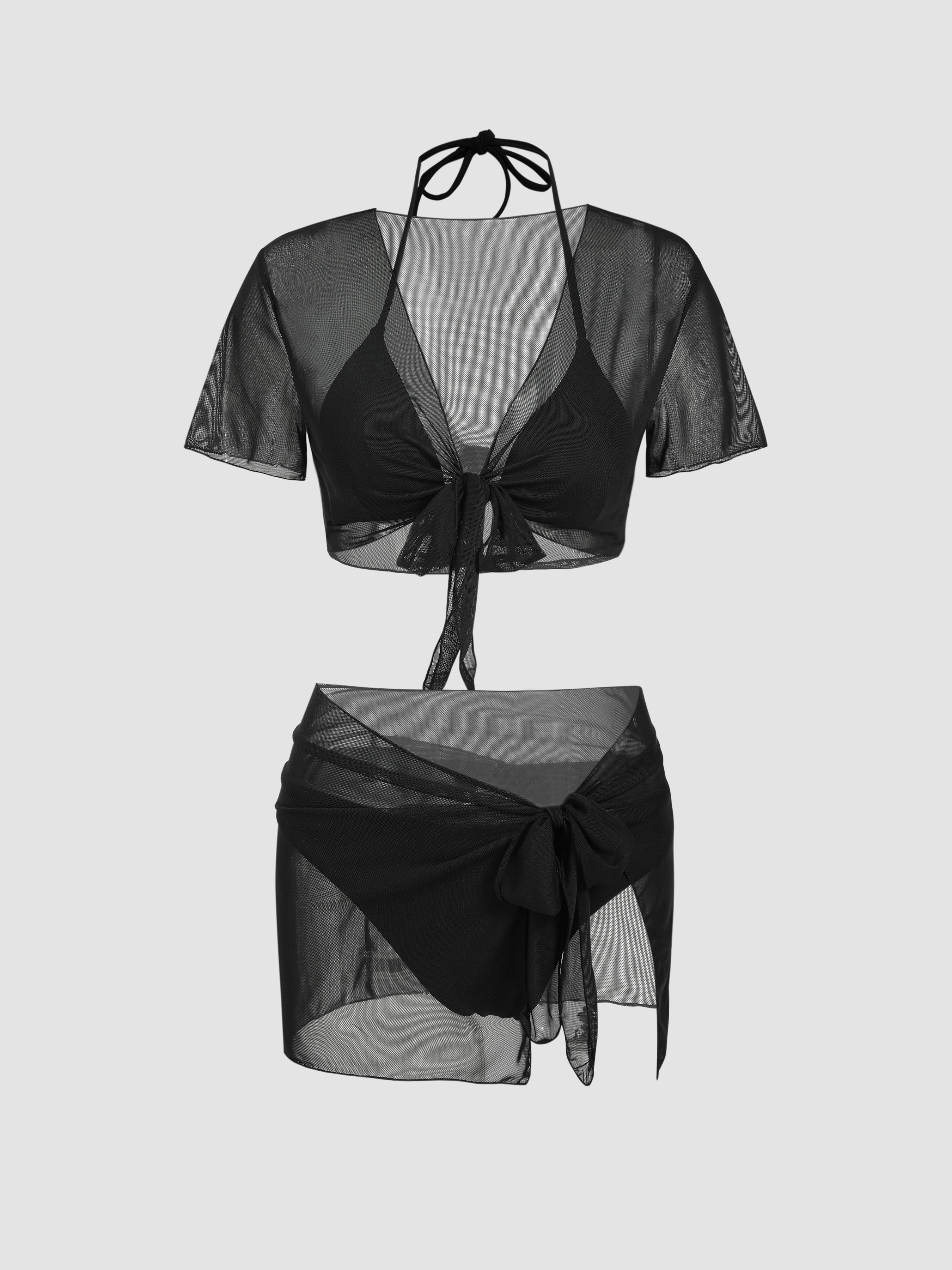 Triangle Halter Bikini Swimsuit With Mesh Cover Up Set