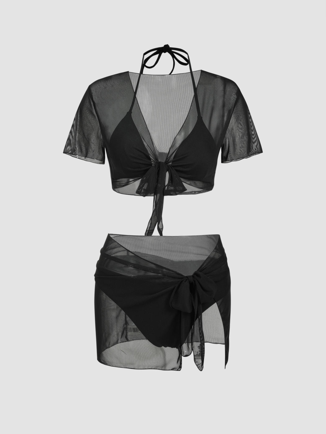 Triangle Halter Bikini Swimsuit With Mesh Cover Up Set