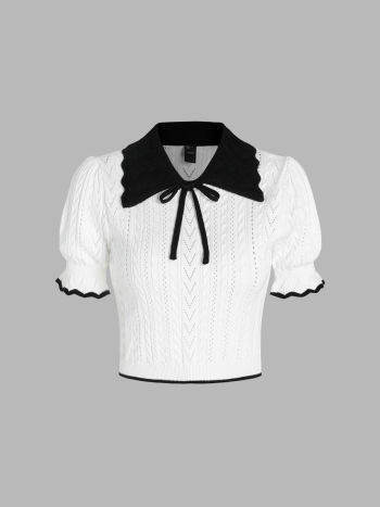 Polo Contrasting Trim Knit Short Sleeve Crop Top For Daily Casual Date