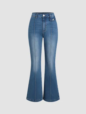 Stretch Denim Washed High Waist Flared Jeans