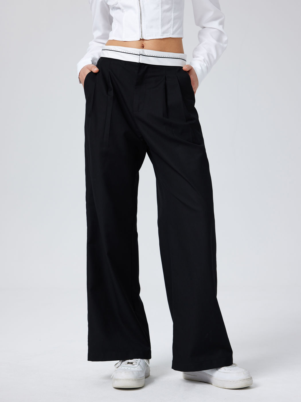  Kontrastbesatz Niedrige Taille Weite Hosen