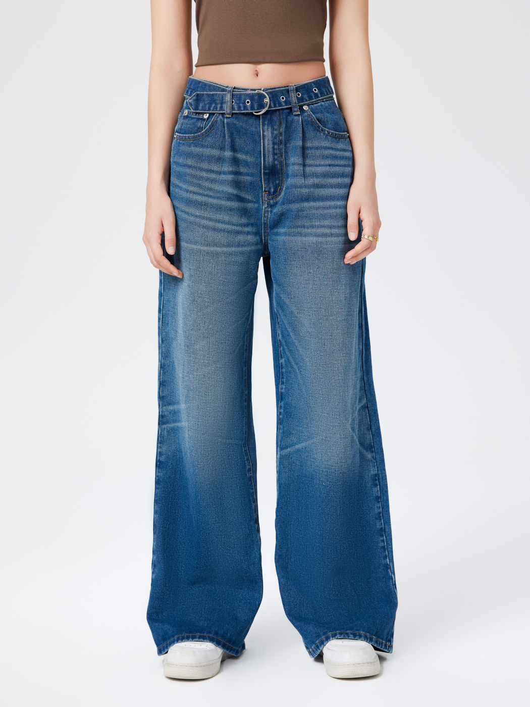 Denim Mid Rise Belted Wide Leg Jeans