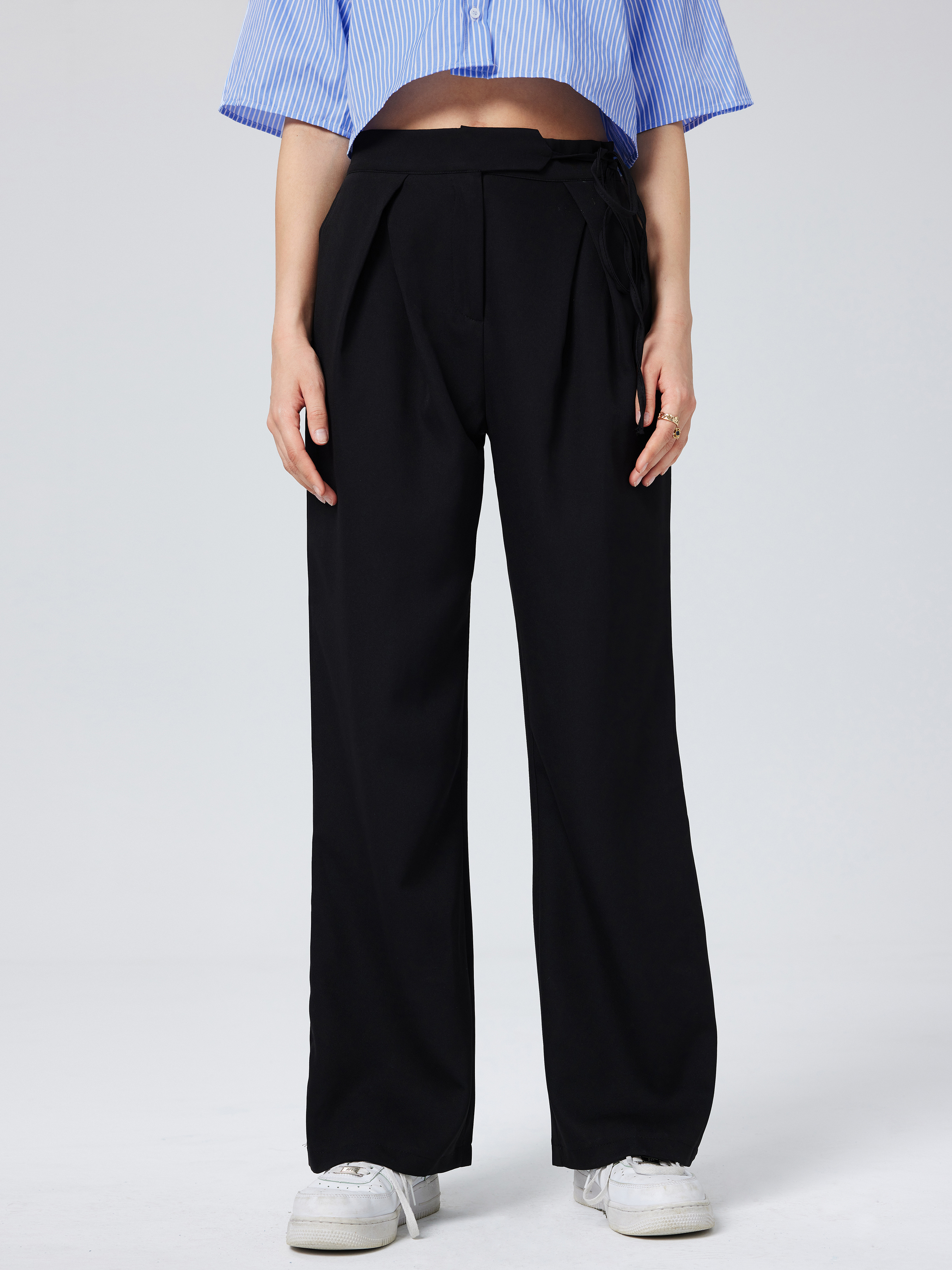 Wide Leg Pants Woven Solid Drawstring High Waist Wide Leg