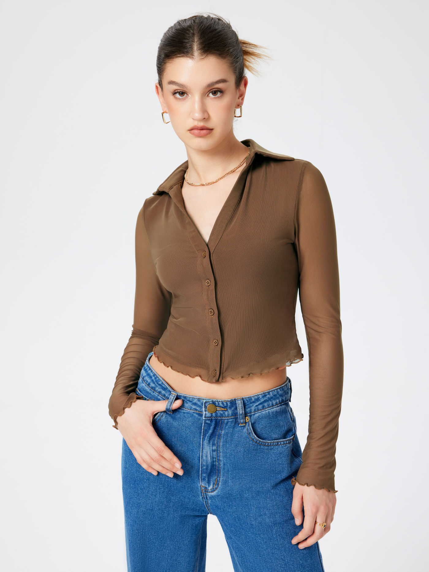 Collar Mesh Lettuce Trim Long Sleeve Blouse