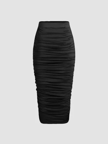 High Waist Ruched Midi Skirt