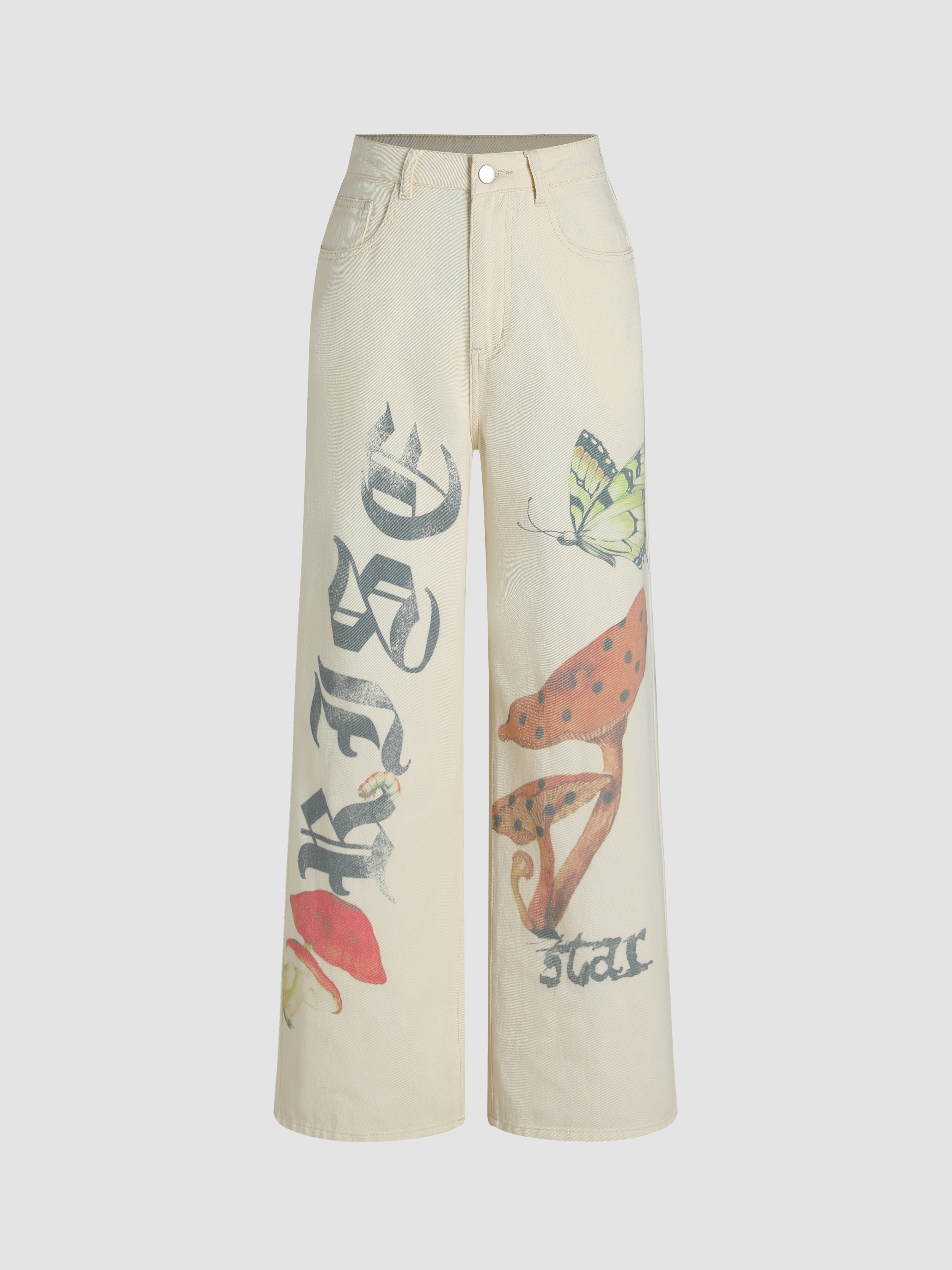 Denim Denim Mid Rise Mushroom Graphic Wide Leg Jeans For Daily Casual