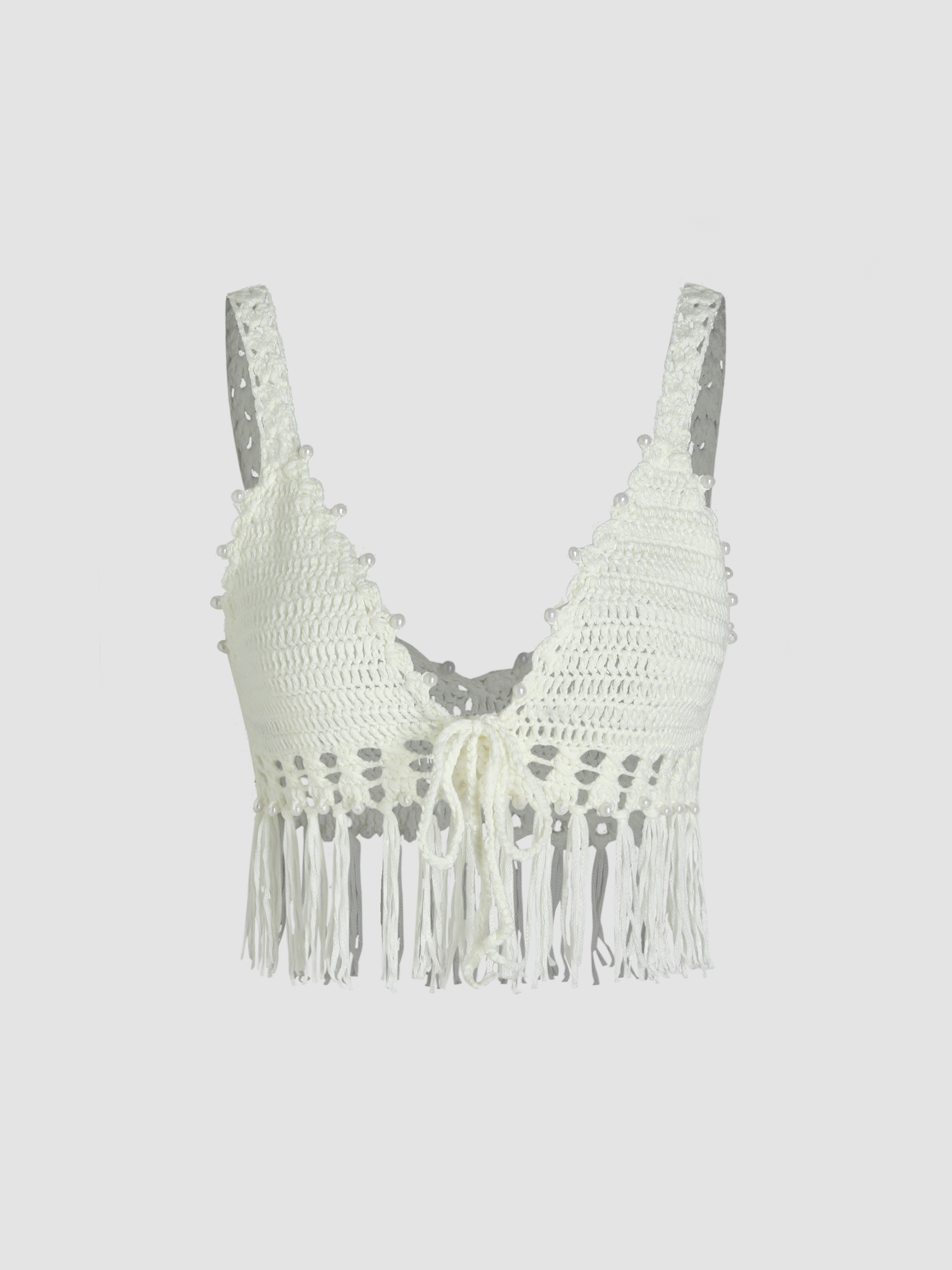 Tassel Faux Pearl Knit Crop Top For Vacation