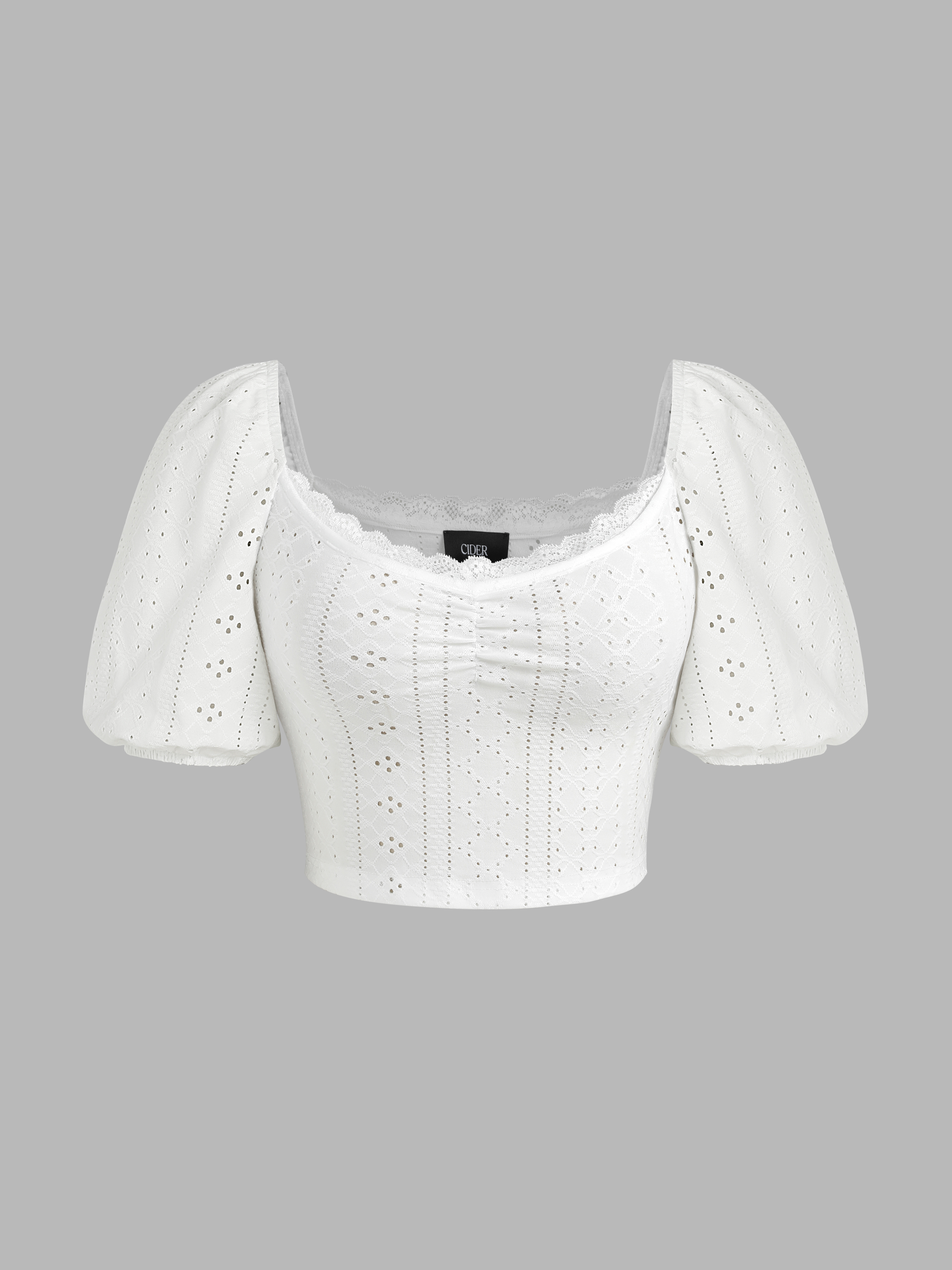 Lace Trim Scoop Neckline Hollow Out Puff Sleeve Crop Top - Cider