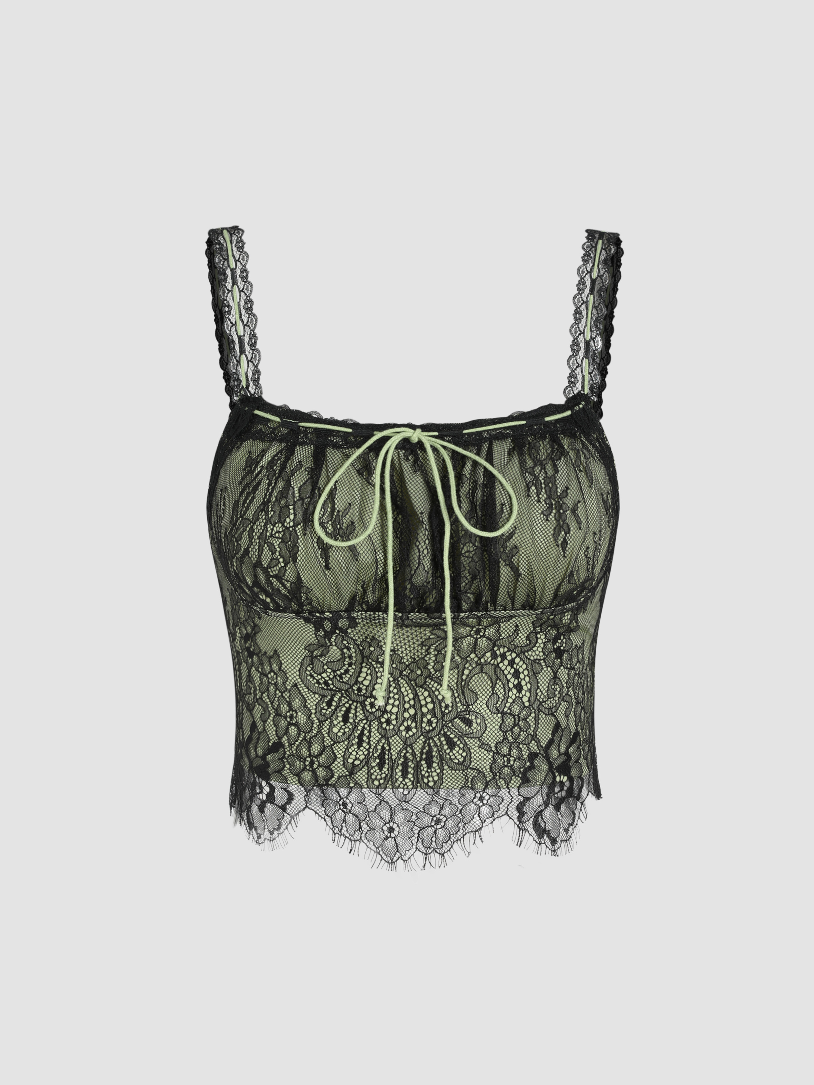 Knotted Lace Hem Mesh Crop Cami Top