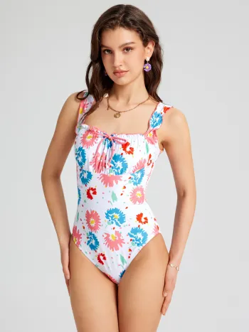 Color Floral Knotted One Piece Swimsuit