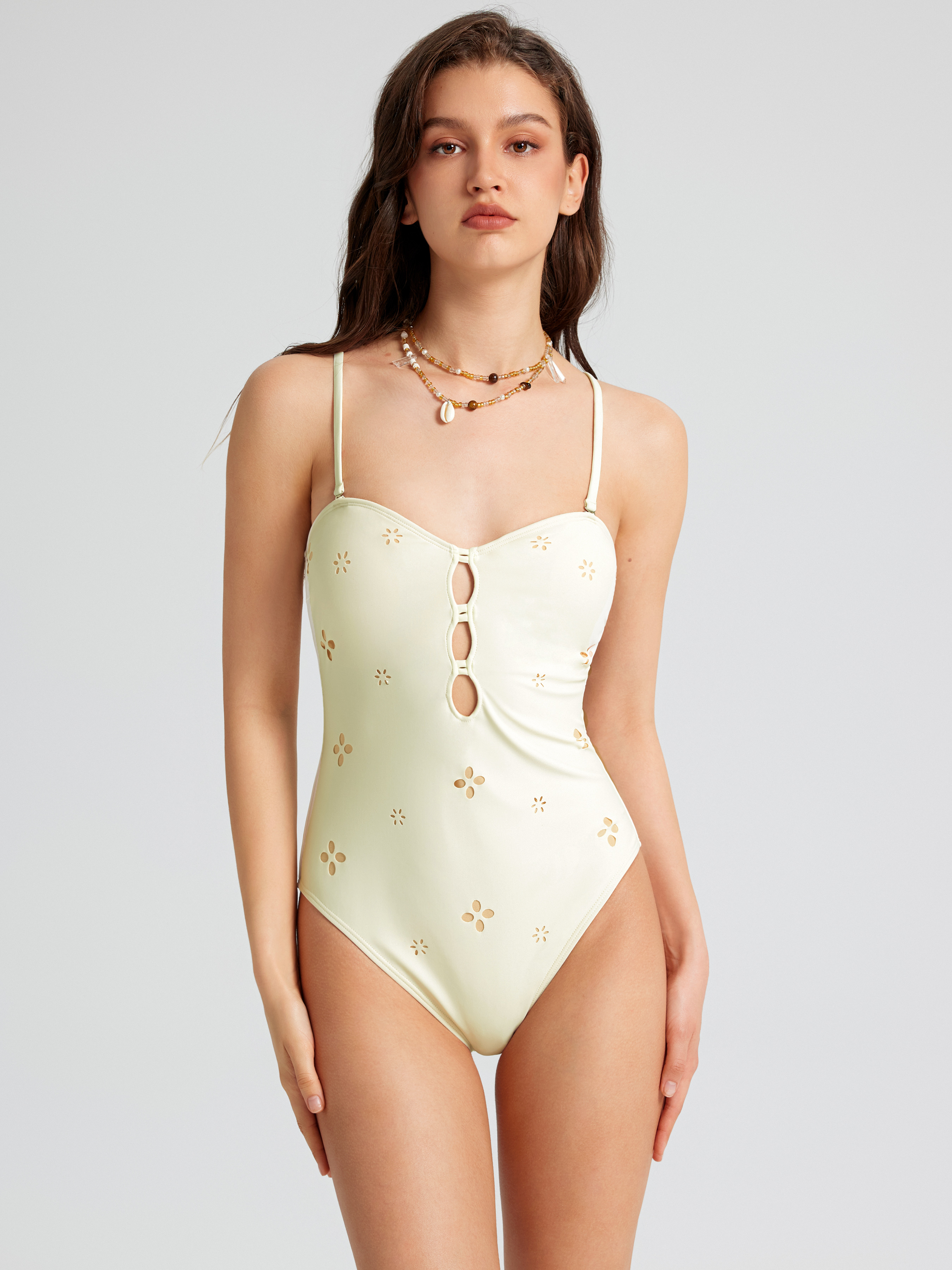 Chic Cut Out Crochet One Piece Swimsuit - Cider