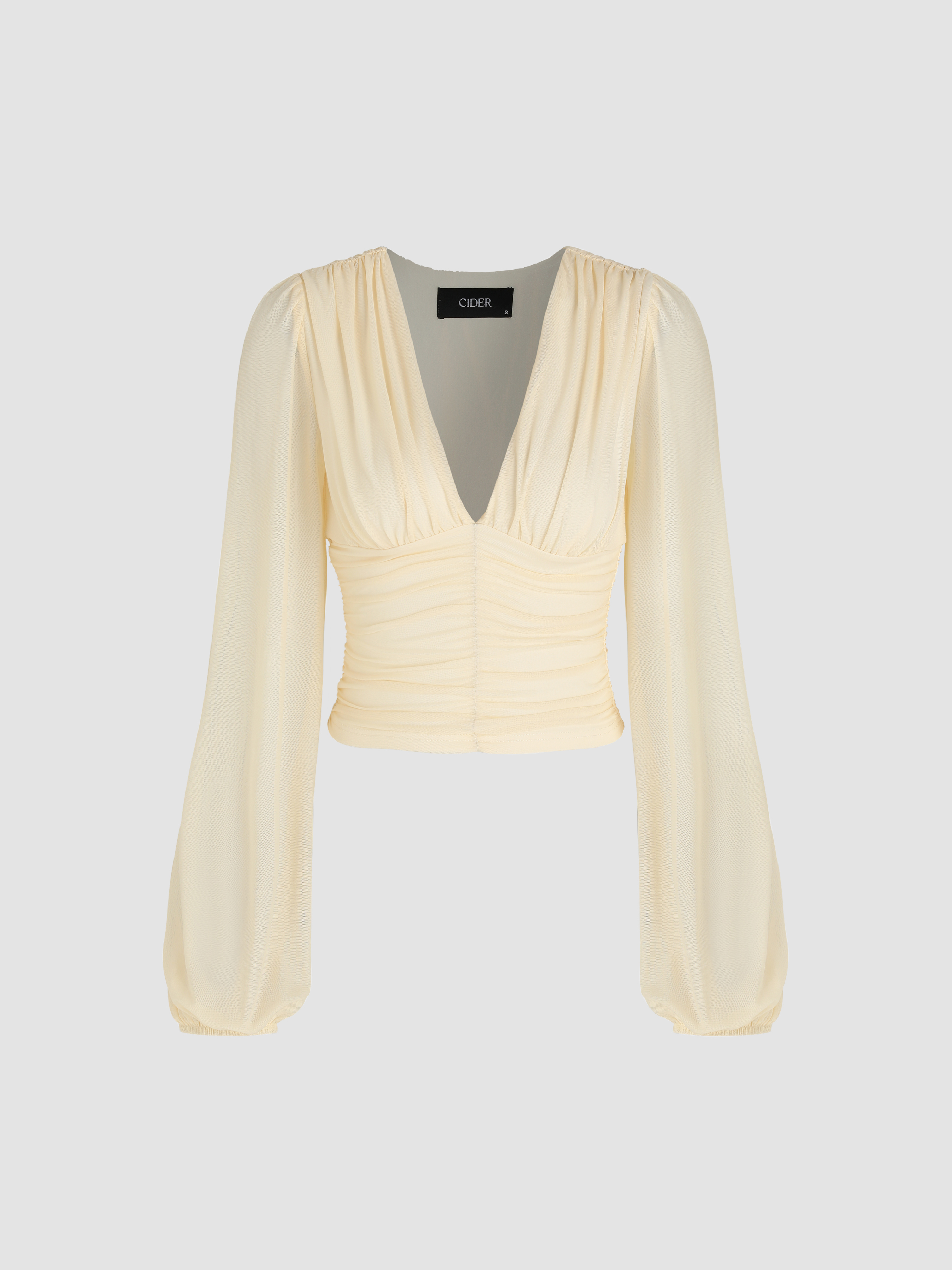 Mesh V-neck Ruched Long Sleeve Top For Daily Casual