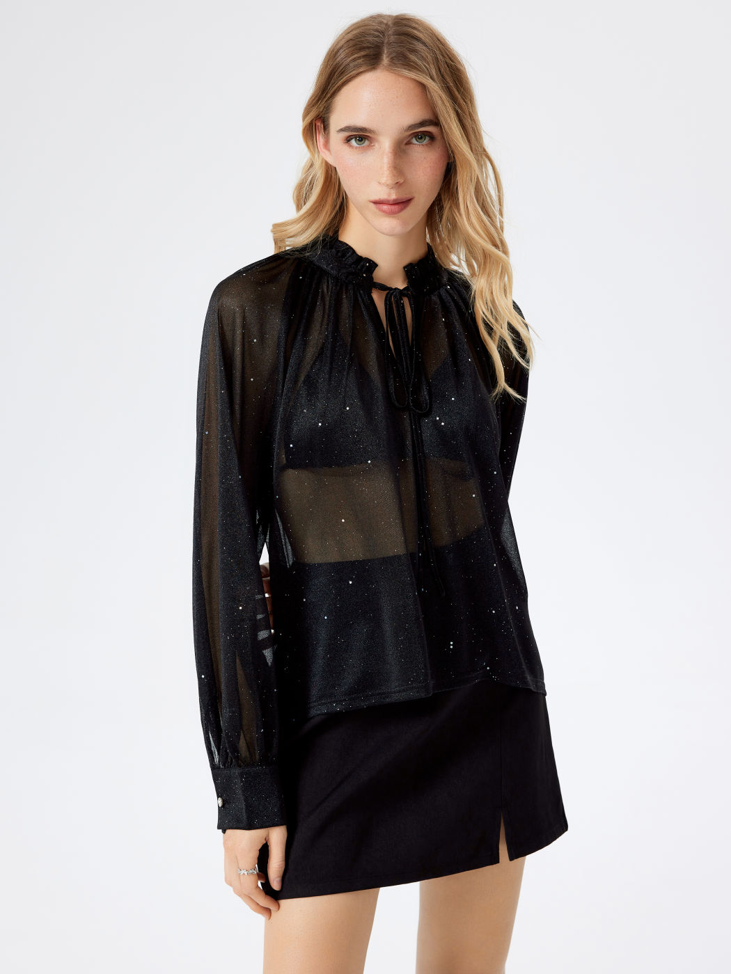 Langarm-Shirt mit Chiffon-Glitter und Kordelzug