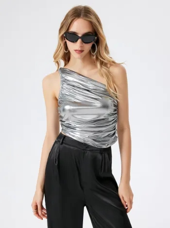 Tanktop mit gerüschtem asymmetrischem Ausschnitt in Metallic-Optik