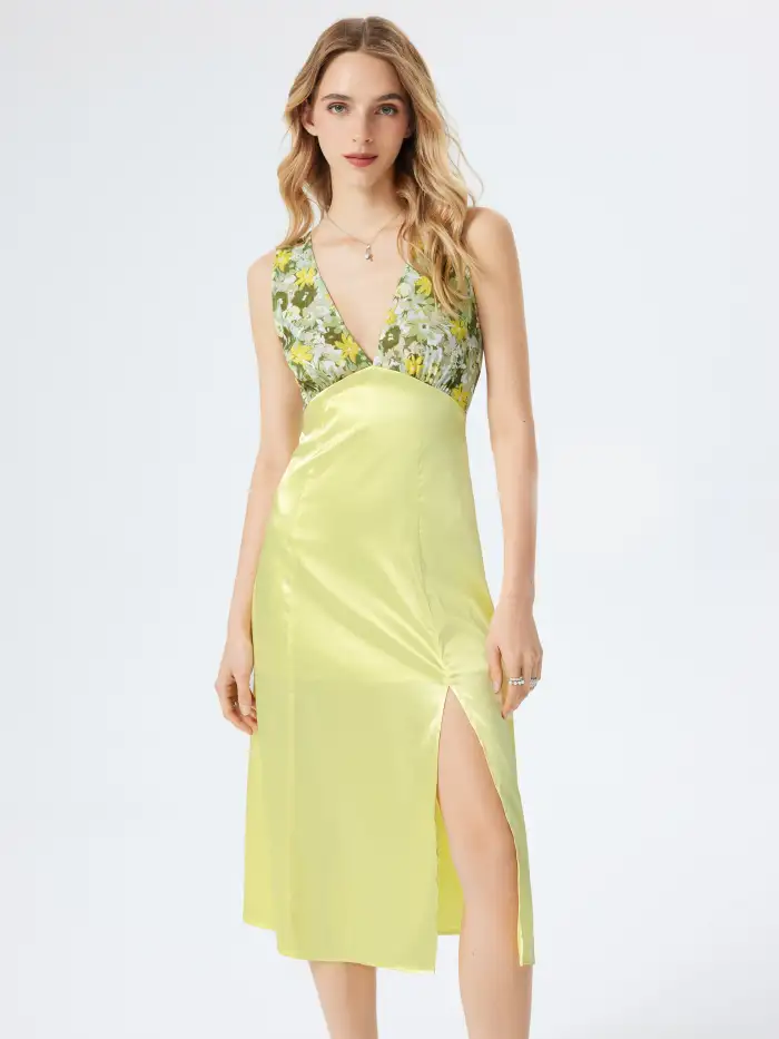 Satén Vestido Midi Satinado con Estampado Floral y Abertura For - Main Image