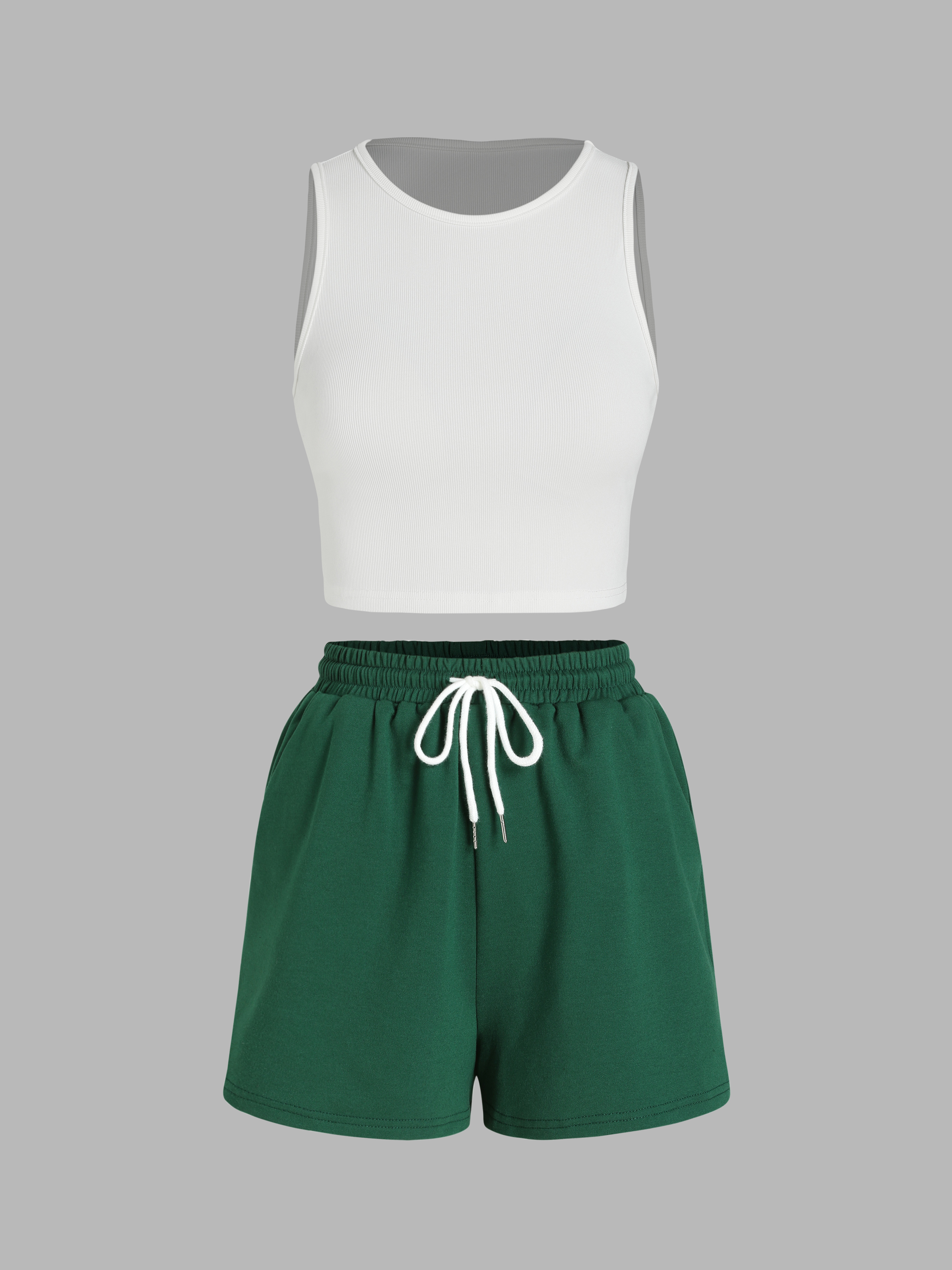 Round Neckline Crop Tank Top & Knotted Wide Leg Shorts Set For School