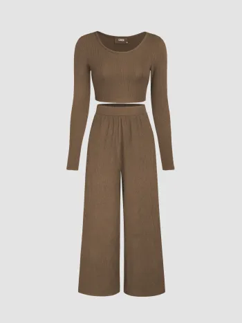 Solid Knitted Crop Top &  Wide Leg Trousers Set