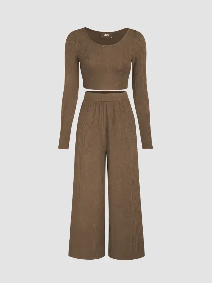Knit Fabric Round Neck Ruched Long Sleeve Crop Top & Wide Leg Trousers Set For School Daily Casual Outdoor Home
