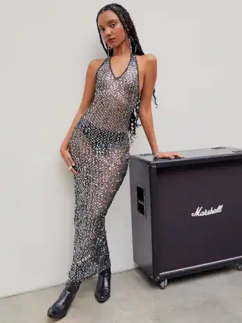 Pailletten Halter Ärmelloses Maxikleid