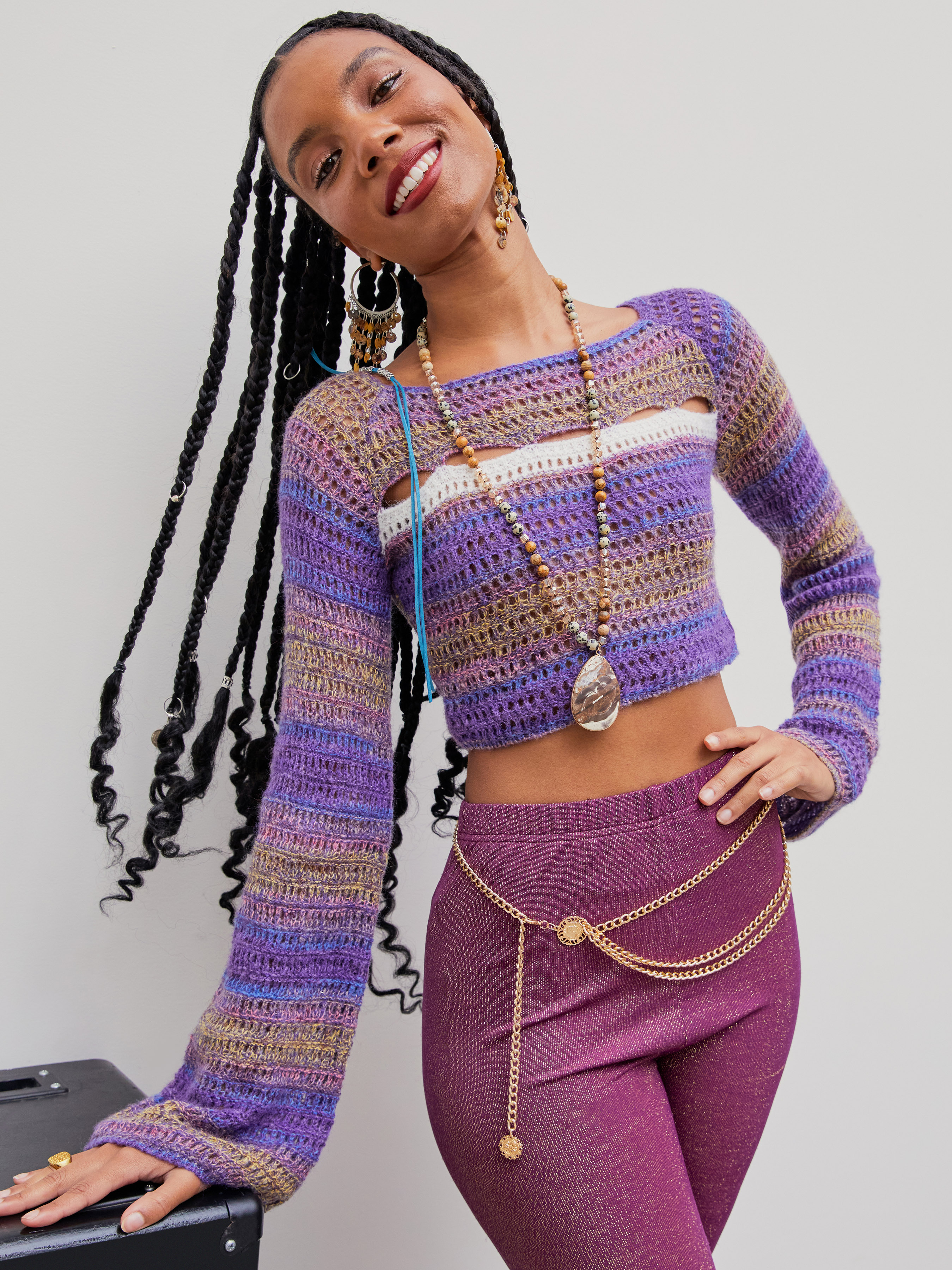 Contrasiting Crochet Hollow Out Long Sleeve Crop Top - Cider