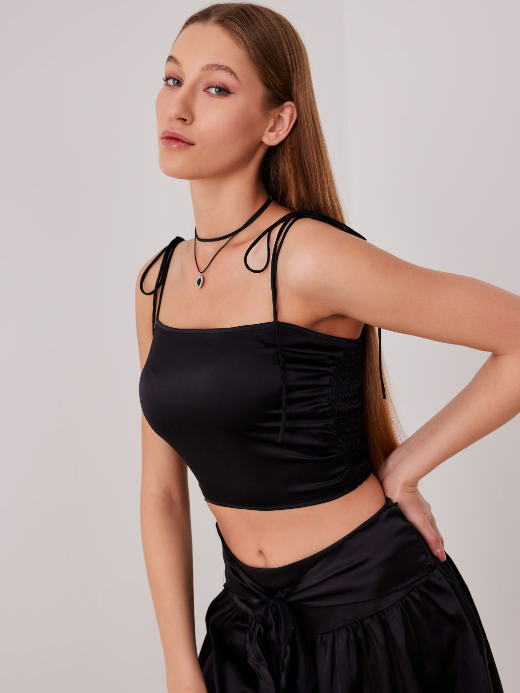 Satin Knotted Square Neck Crop Tank Top