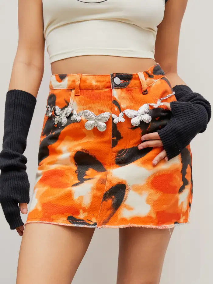 Halloween Denim Denim Tie Dye Mini Skirt For Music Festival/Live House