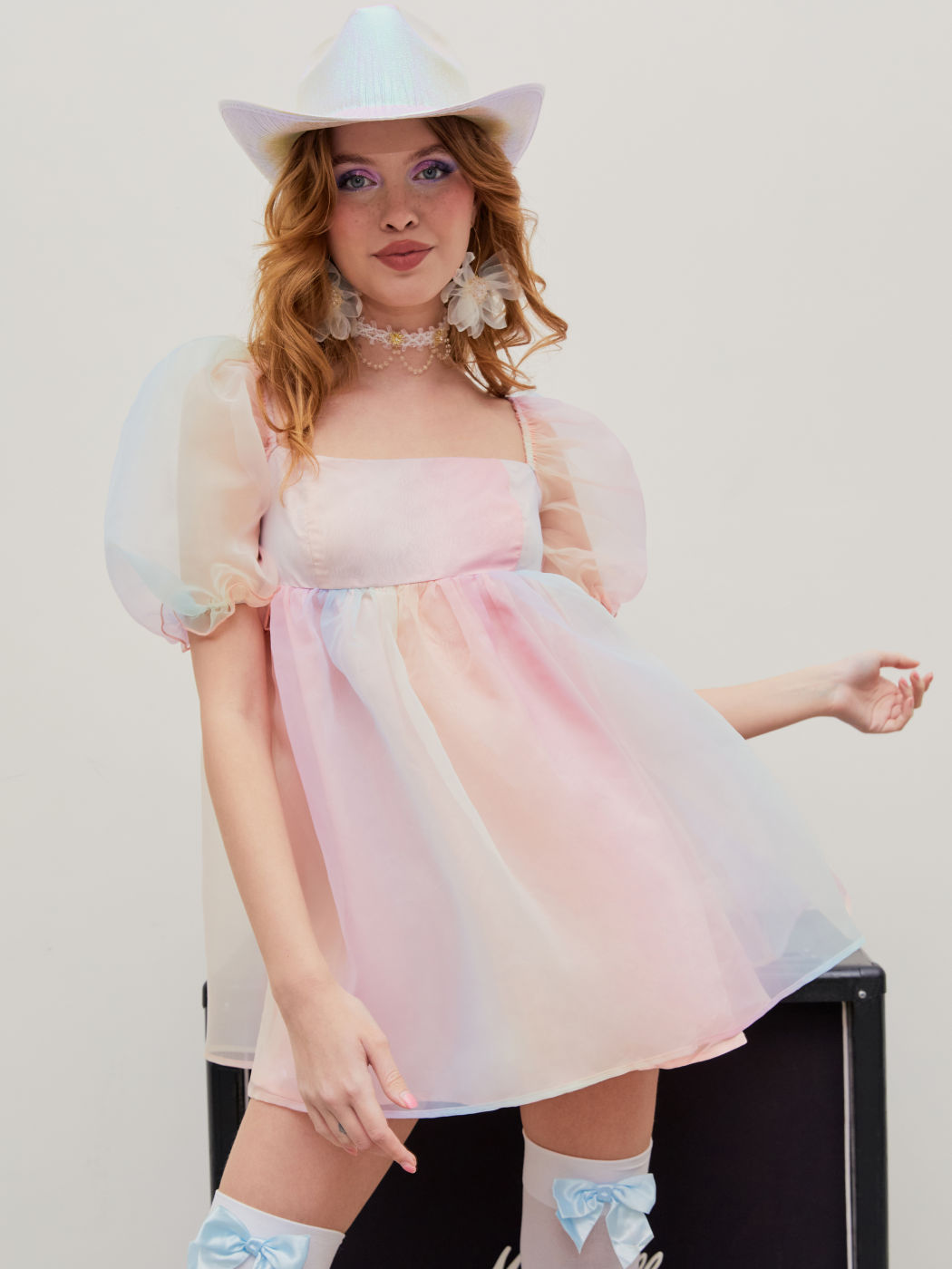 Mesh Puff Sleeve Square Neck Mini Dress