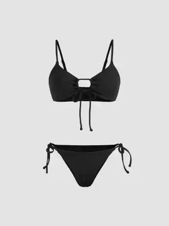 Solid O-Ring Front Tied Bikini Set