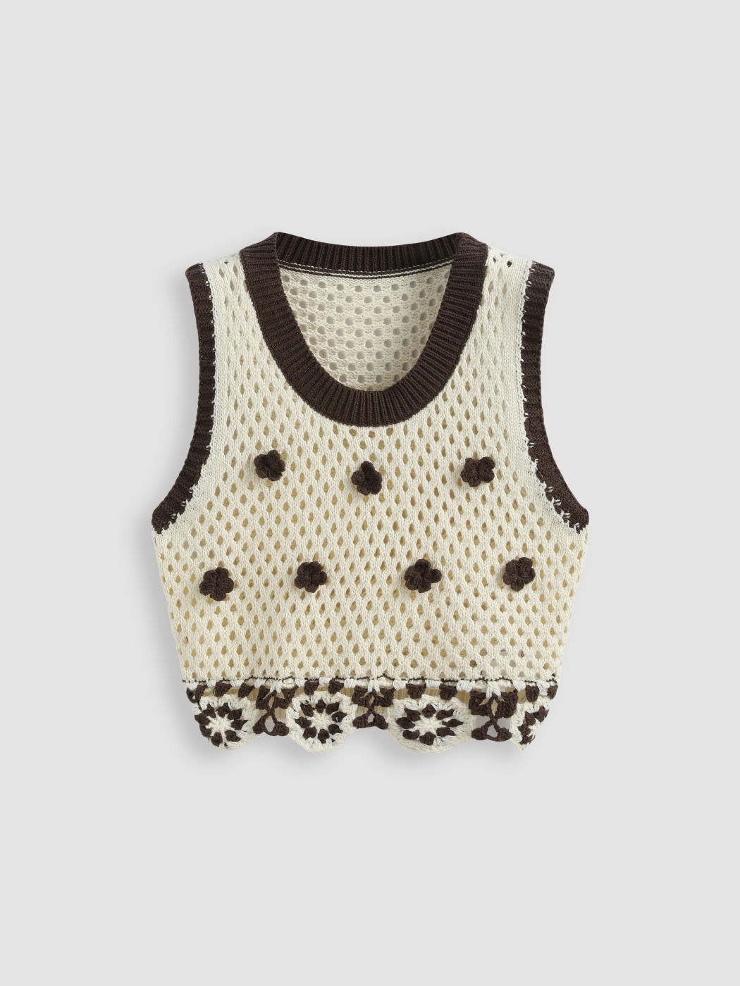 Gestrickte Crop-Weste mit floralem Kontrastbesatz