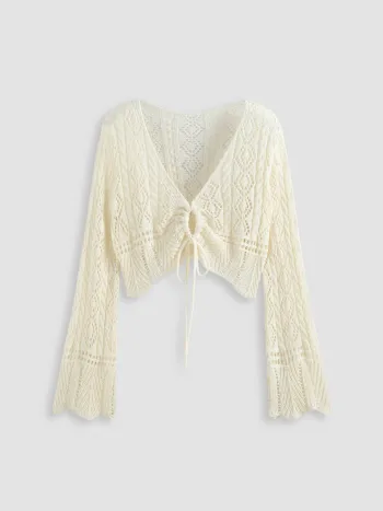 Solid Crochet Tie Front Deep V Neck Crop Top Curve & Plus